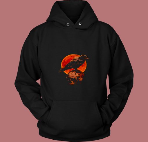 Halloween Cool Raven Crow Skull And Moon 80s Hoodie