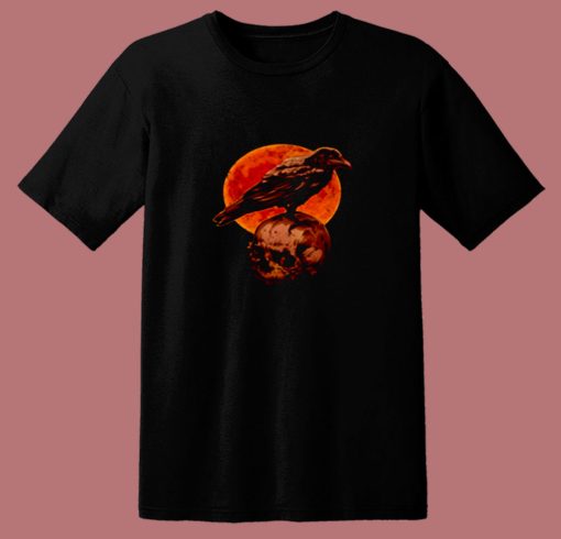 Halloween Cool Raven Crow Skull And Moon 80s T Shirt