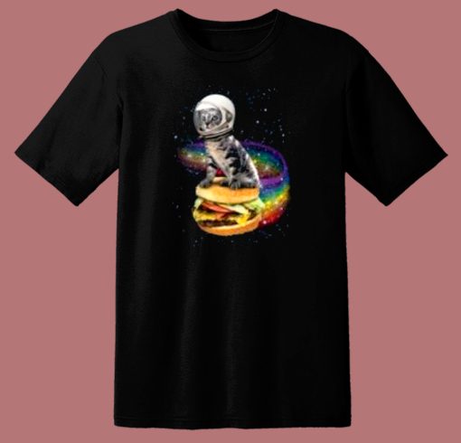 Astronaut Cat Rainbow Burger 80s T Shirt Style