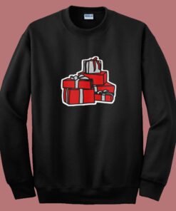 A Pile Of Wrapped Gifts In Red And Silver Summer Sweatshirt